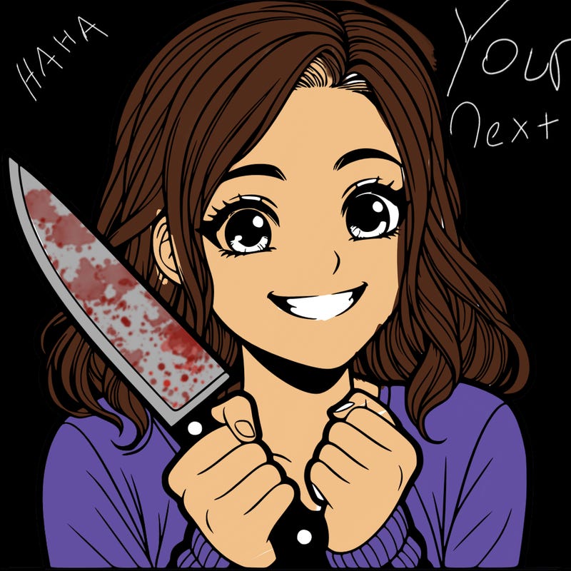 a realistic girl holding a knife and grinning