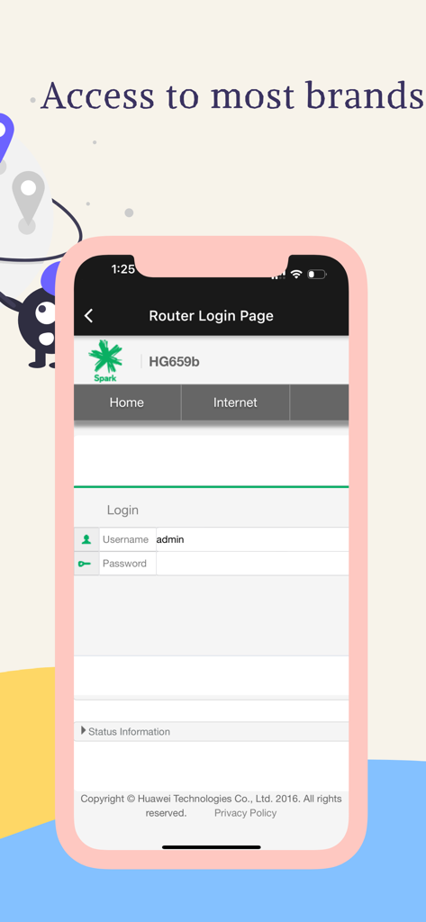 Tela do smartphone mostrando a interface de login do roteador no aplicativo Página de Configuração do Roteador.