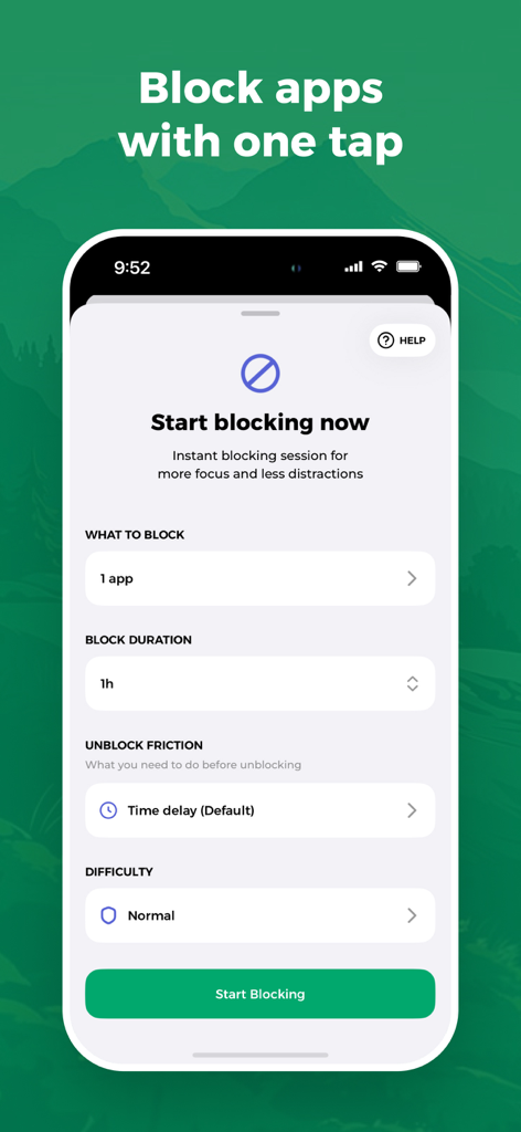 Roots app interface showing options for an instant blocking session including duration and difficulty settings
