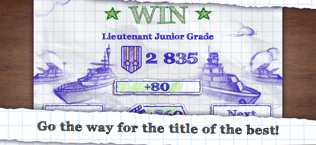 Sea Battle Online - Tela de vitória mostrando a pontuação e classificação do jogador em estilo de caderno desenhado à mão.
