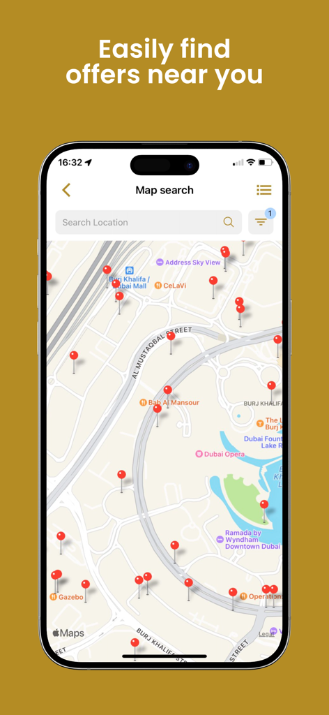 Fazaa - Fazaa app map search screen showing locations of nearby offers.