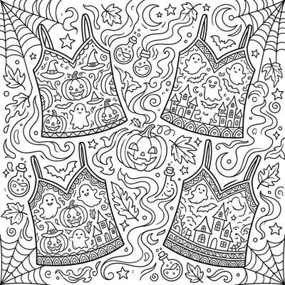 Embrace the spirit of Halloween with this unique coloring page featuring fashion-forward camisoles adorned with delightful spooky designs. Enjoy bringing to life cute ghosts, grinning pumpkins, and haunted houses on these intricate garments.