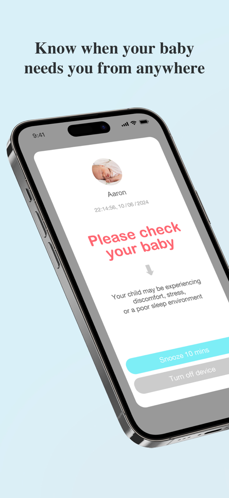 Sense-U Baby - A smartphone displaying a Sense-U Baby app notification with the message Please check your baby.