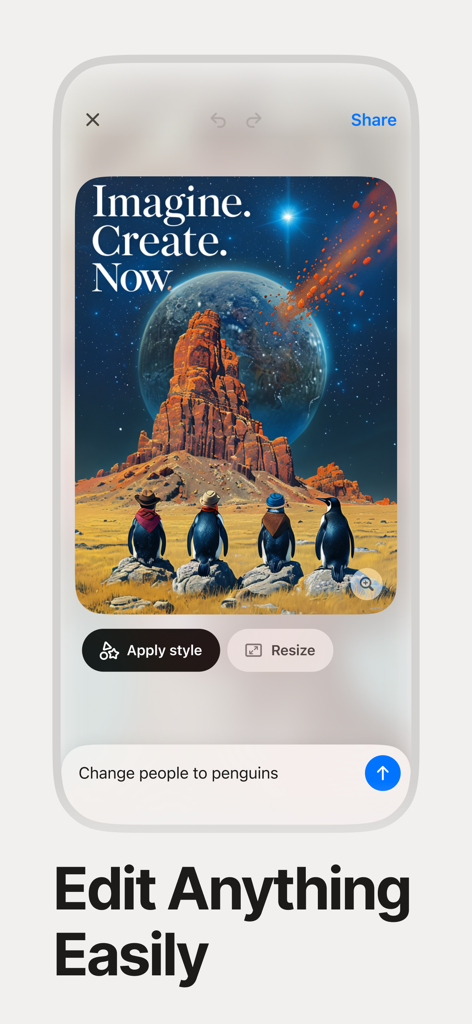 Mobile app interface of Playground AI showing an image edited with a text prompt to change people to penguins
