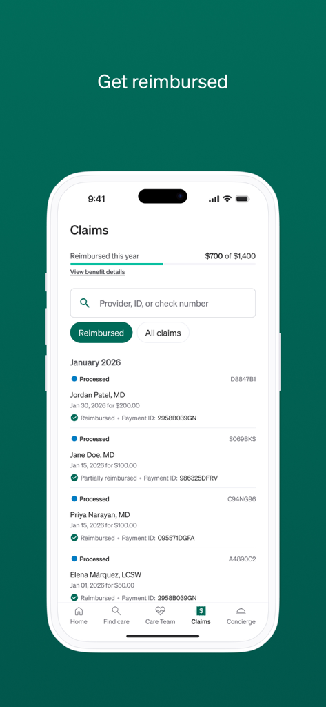 Garner Health - Garner Health app interface showing a list of processed medical claims and a summary of yearly healthcare reimbursements