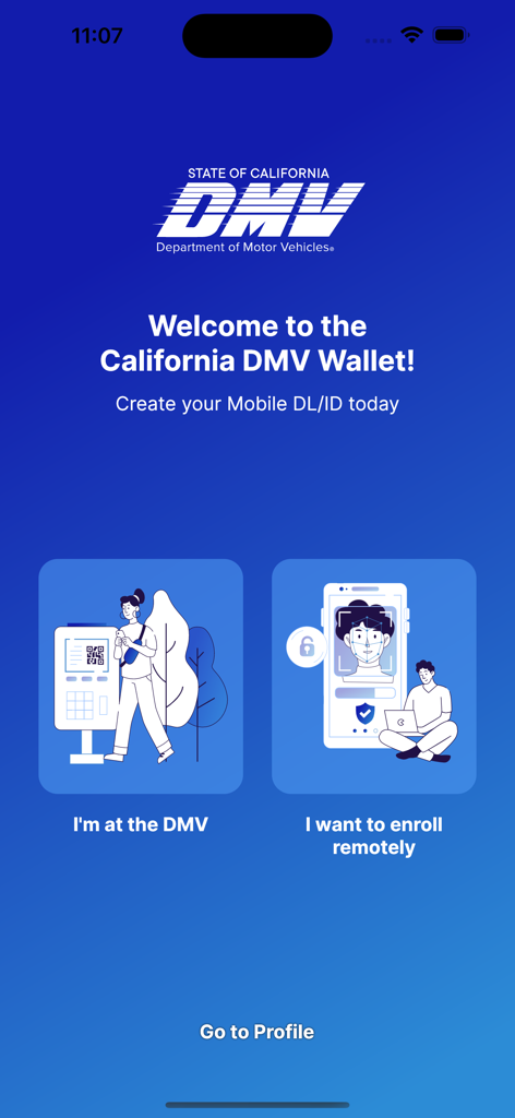 CA DMV Wallet - カリフォルニアDMVウォレットアプリのウェルカム画面。DMVでの登録またはリモート登録のオプションが表示されます。