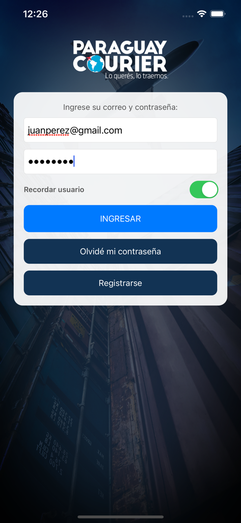 Paraguay Courier SRL - Login screen of the Paraguay Courier app showing email and password fields for international package tracking