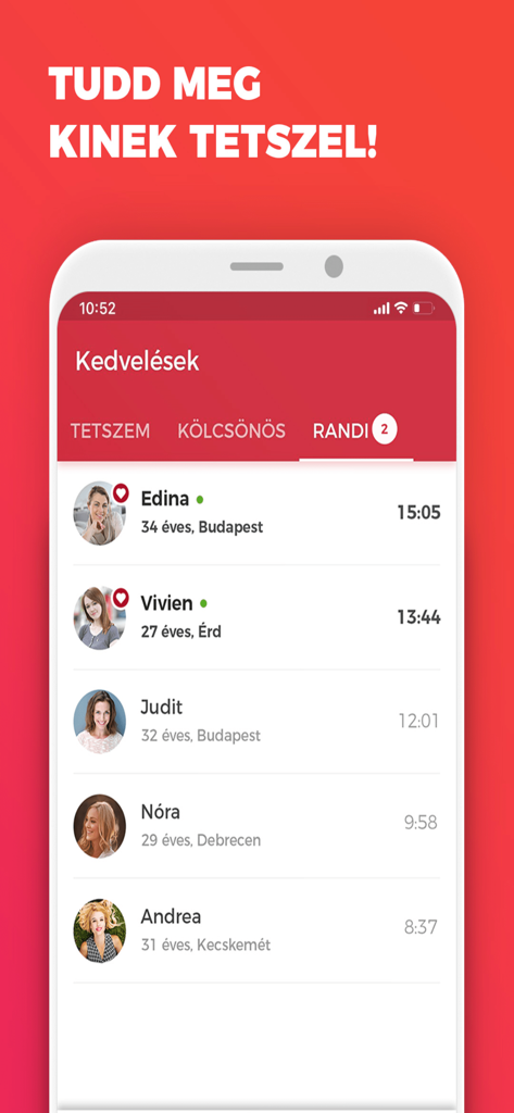 Cronos - Társkeresés könnyedén - Screenshot of the Cronos dating app showing a list of profile matches and likes in Hungarian.
