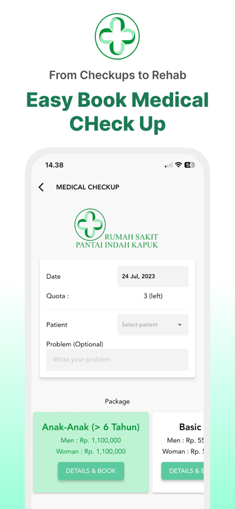 MyRSPIK - Mobile interface of the MyRSPIK app showing medical checkup booking and pediatric health package options.