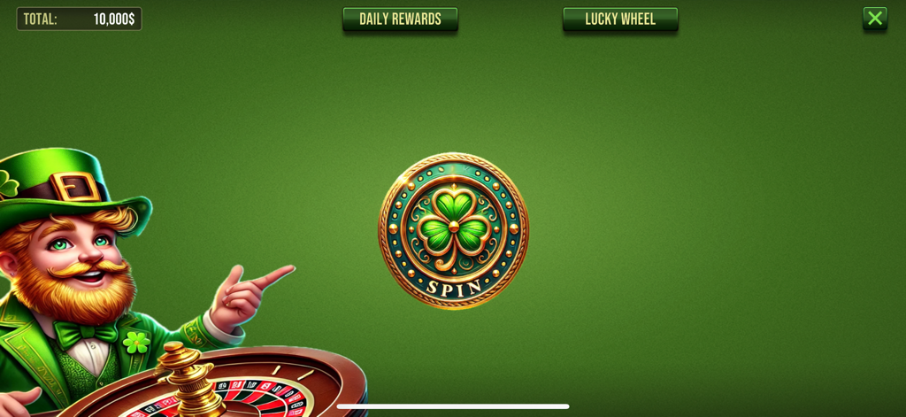 A leprechaun character pointing to a lucky clover spin button next to a roulette wheel in the Lucky Clover Casino app interface.