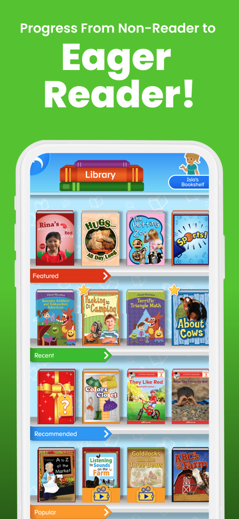 ABCmouse Classic app digital library showing colorful children books on a virtual shelf