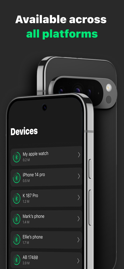Find Us: Phone Number Tracker - A list of connected devices like Apple Watch and iPhones showing proximity distances in the Find Us app interface.