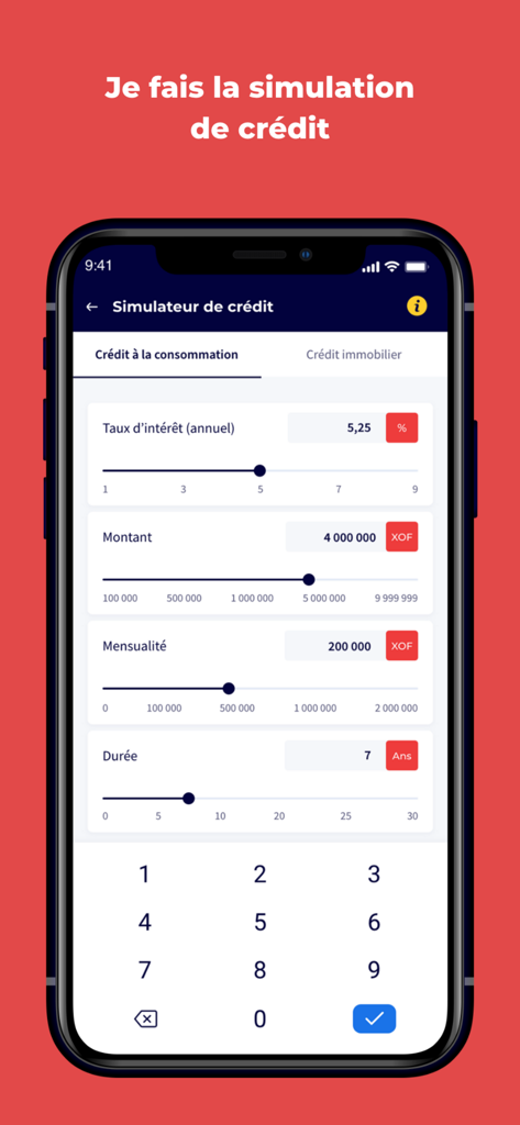 SG Connect mobile app screen featuring a loan simulator for consumer credit with adjustment sliders.