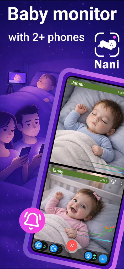 Nani baby monitor app interface showing live video feeds of two babies on a single smartphone screen