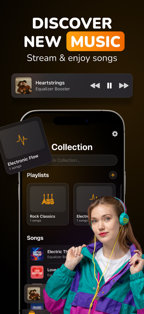 Una interfaz de aplicación móvil para descubrir nueva música con listas de reproducción y colecciones de canciones.
