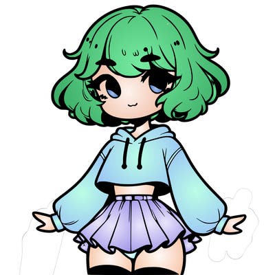 cute femboy with short, fluffy hair that softly frames their face, wearing a cropped hoodie, paired with a flouncy short skirt, and thigh-high stockings