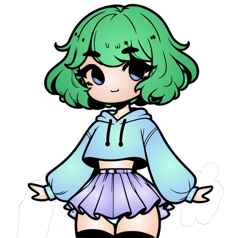 cute femboy with short, fluffy hair that softly frames their face, wearing a cropped hoodie, paired with a flouncy short skirt, and thigh-high stockings