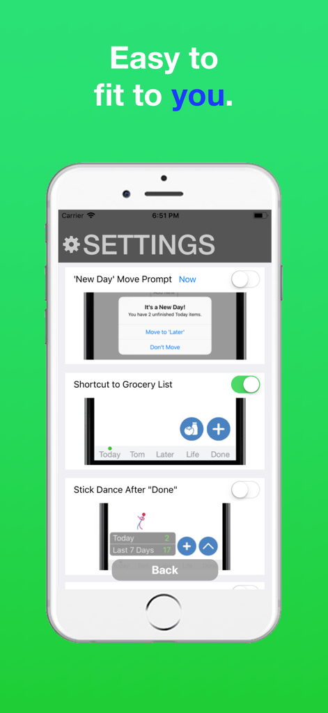 Do.List: To Do List Organizer - Pantalla de configuración de la aplicación Do.List que muestra opciones de personalización como indicaciones de mover tareas y atajos para la lista de la compra.