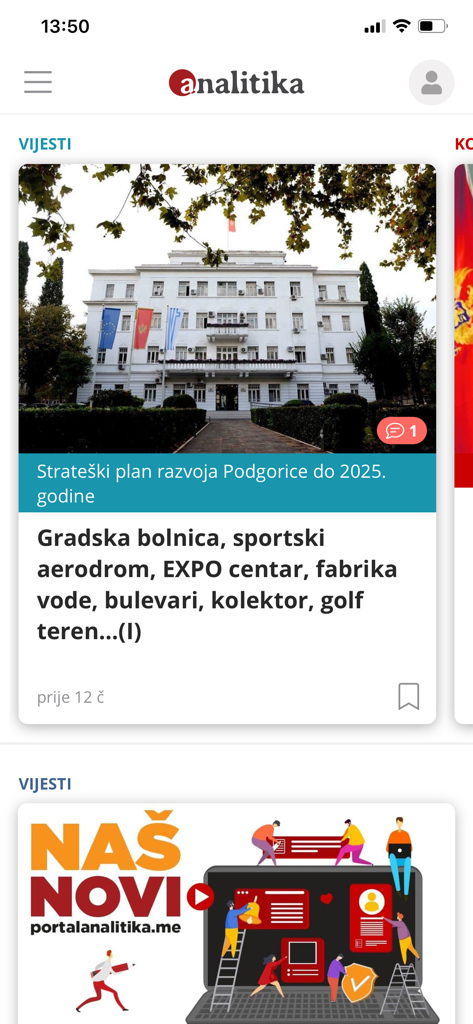 Interface of the Portal Analitika news app showing latest news articles from Montenegro