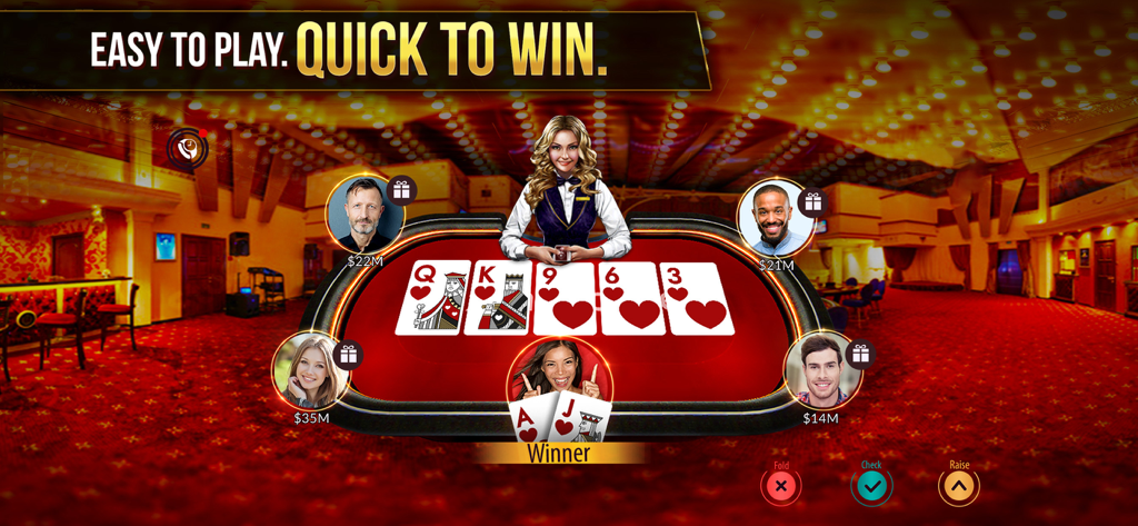 A winning hand of Texas Holdem on the Zynga Poker mobile app interface