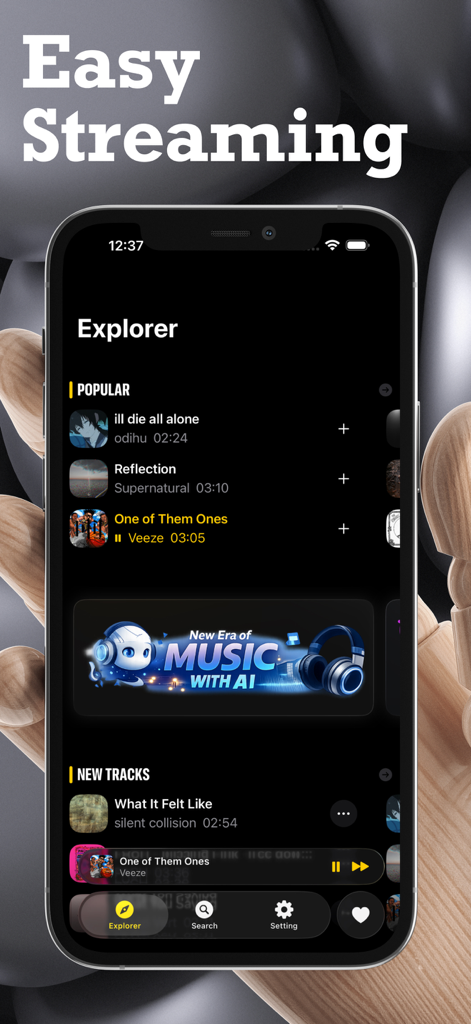 인기곡과 AI 음악 배너가 있는 Vibely 음악 플레이어 탐색기 화면