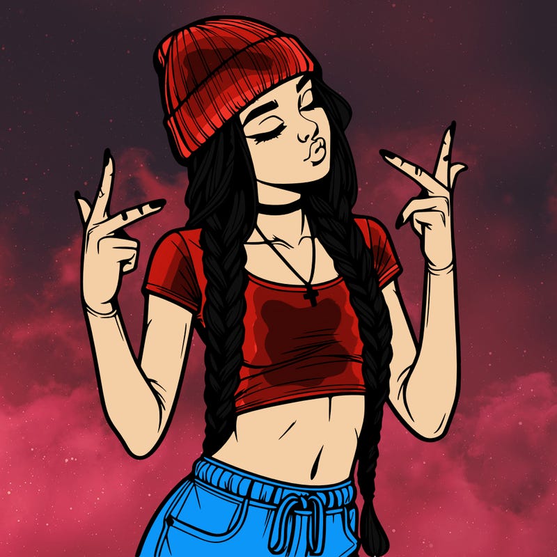 realistic teenage girl with braids and a beanie and crop top doing 🫶🏼