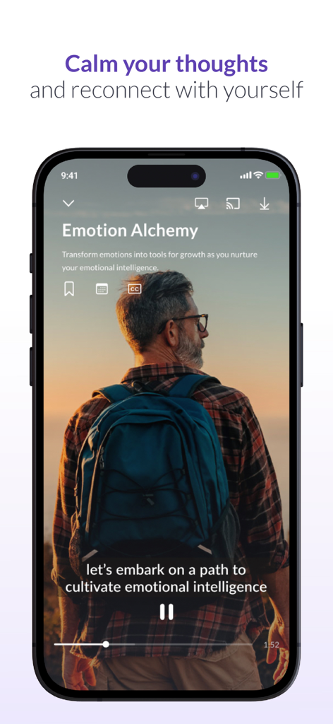 Gradual Life: Yoga, Meditation - Pantalla de smartphone que muestra una sesión de meditación de Alquimia Emocional en la aplicación Gradual Life con un hombre mirando un atardecer.