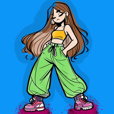 girl in baggy pants crop top and long hair