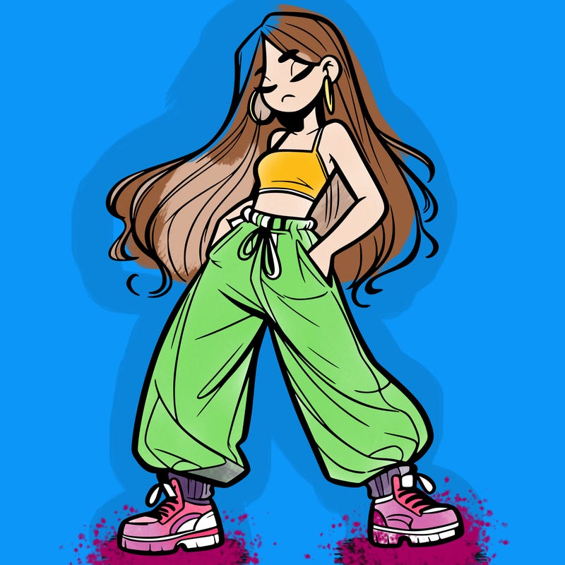 girl in baggy pants crop top and long hair