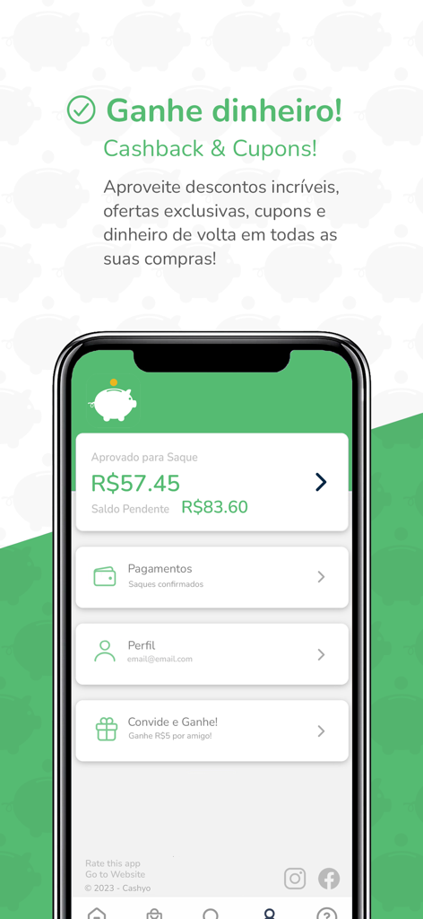 MyCashBack Brasil app interface showing a user balance of 57.45 reais and referral options