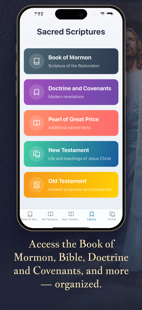 Book of Mormon・The Scriptures - Uma interface móvel exibindo uma biblioteca organizada de escrituras sagradas, incluindo o Livro de Mórmon e a Bíblia.