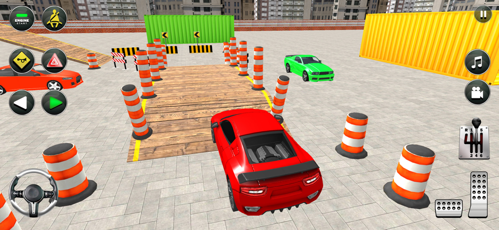 Car Parking Lot: Parking Games - Red sports car navigating an obstacle course with traffic cones and a wooden ramp in a 3D driving simulator