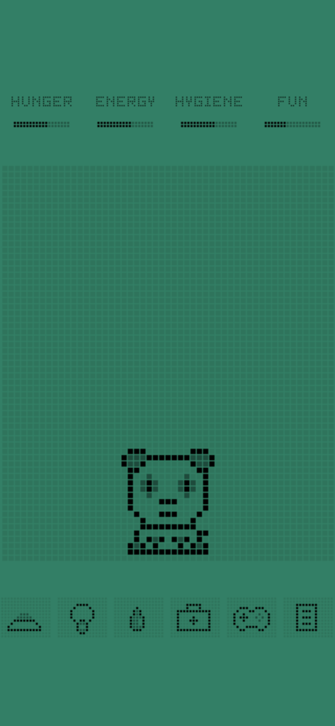 A pixelated panda pet in the Wildagotchi retro interface with status bars for hunger, energy, hygiene, and fun.