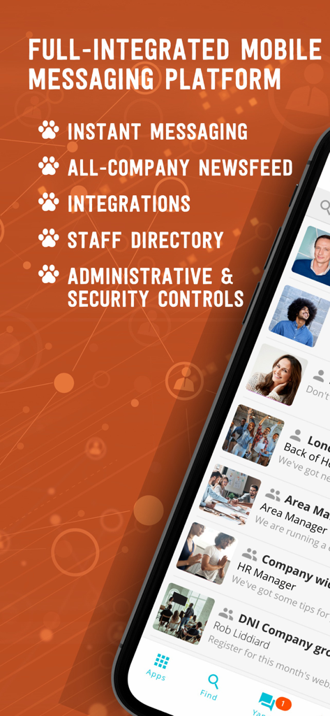 Overview of Yapster app features like instant messaging and staff directory on a smartphone