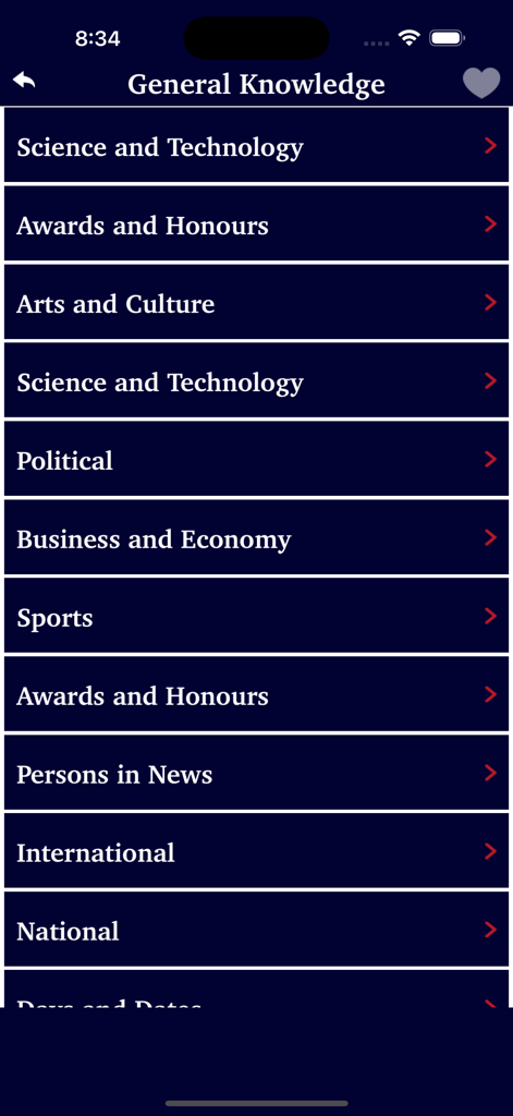 Samanya Gyan Gk World History - A mobile app screen listing general knowledge categories such as science arts and politics