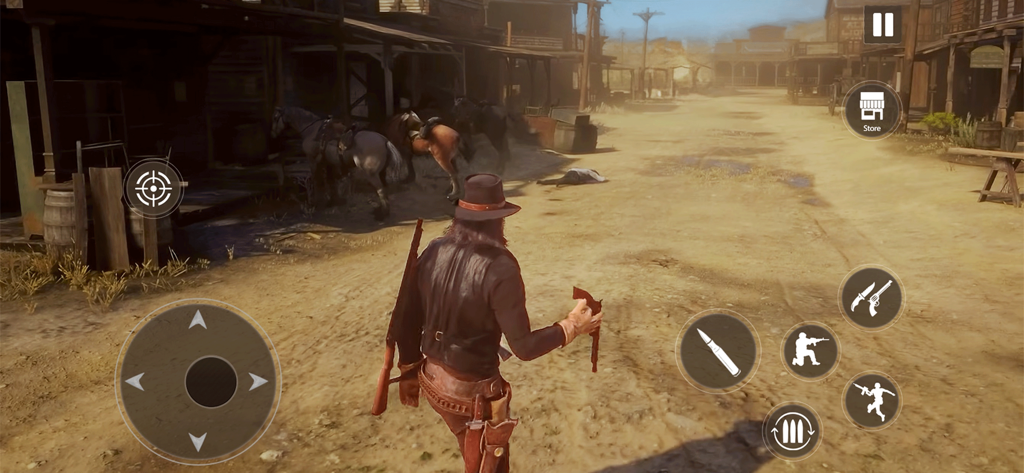 Wild West Cowboy Redemption 3D - A 3D cowboy character in a dusty western town holding a revolver during gameplay