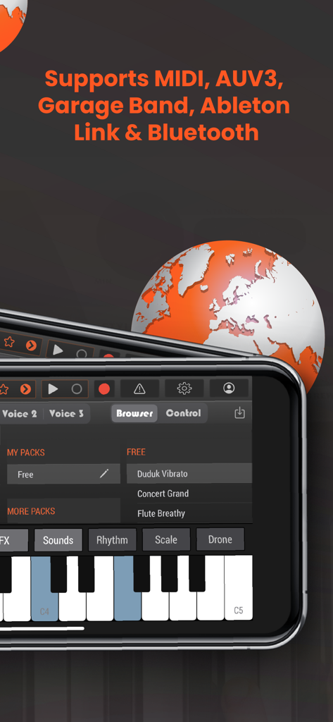World Piano Notes & Drum Beats - Smartphone displaying the World Piano app interface highlighting MIDI and AUv3 support