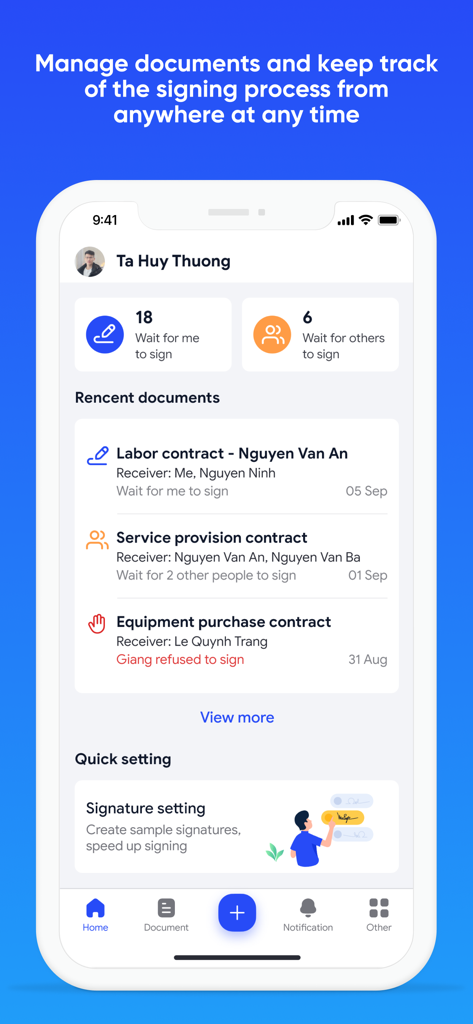 AMIS WeSign - Dashboard of AMIS WeSign app for tracking e-signature document status.