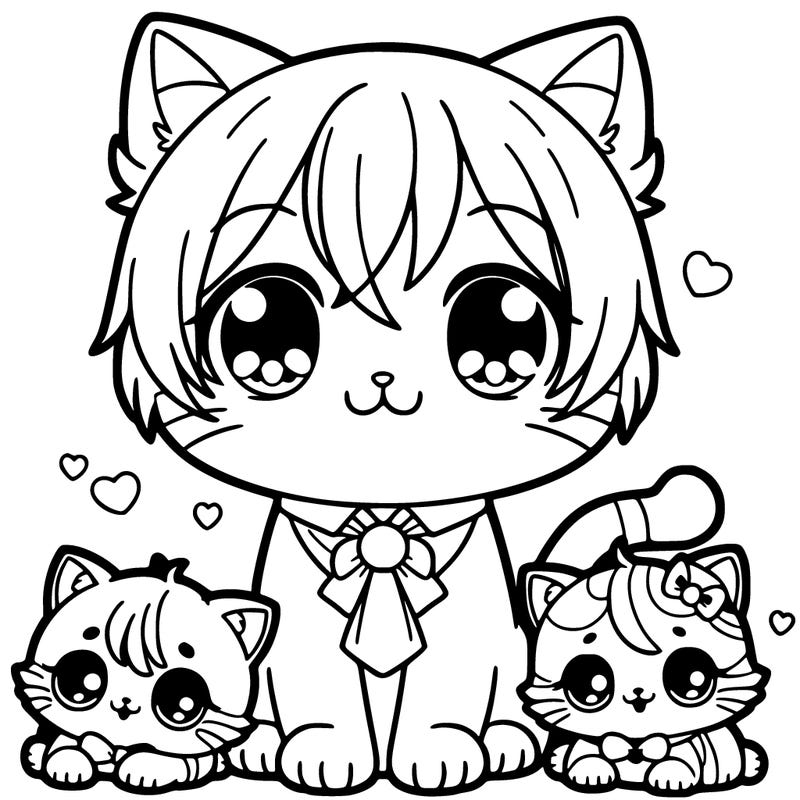 cute cat with baby cats anime
