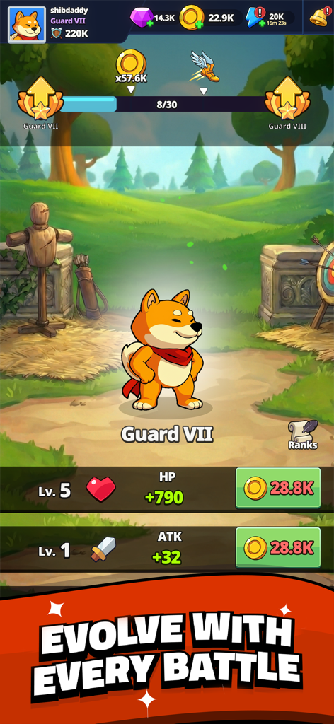 Shiba Story Go! Idle RPG Game - Personaje Shiba Inu en un campo de entrenamiento con componentes de interfaz de usuario de mejora de estadísticas