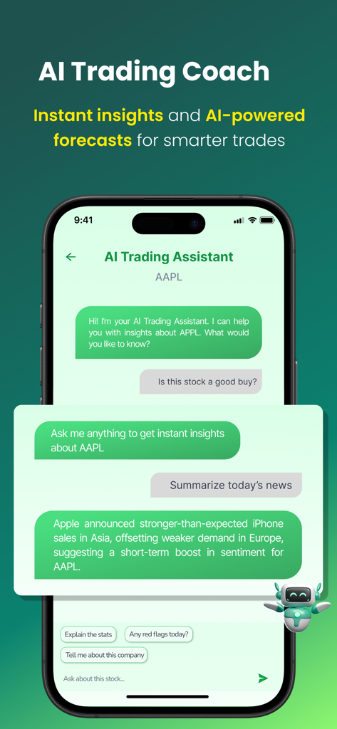 Una pantalla de smartphone que muestra la función Coach de Trading IA en la aplicación StockSim con una interfaz de chat que proporciona insights del mercado para acciones de Apple.