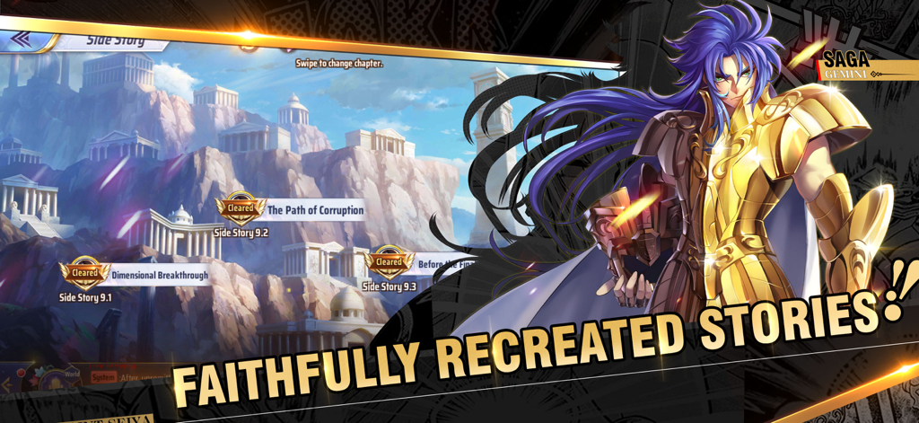 Saint Seiya Awakening game menu showing faithfully recreated side stories with Gemini Saga character art