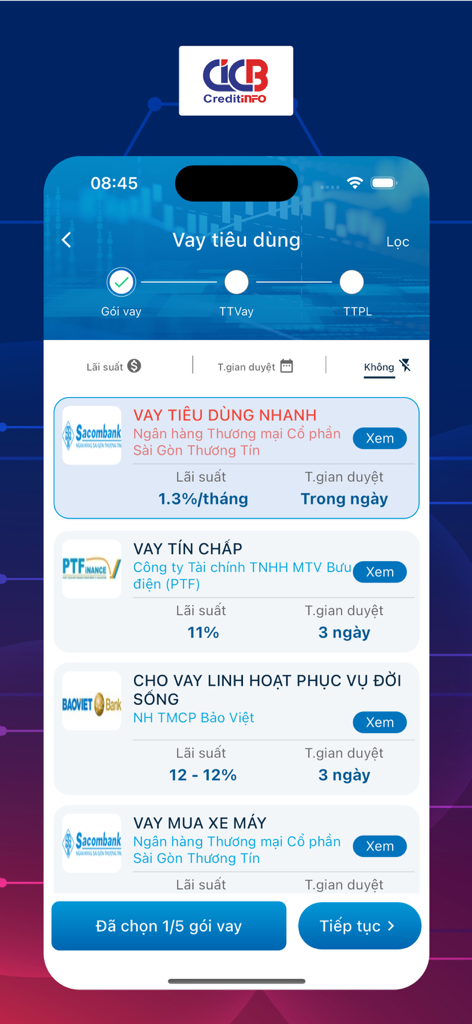 iCICアプリのモバイル画面。さまざまな銀行からの金利と承認時間付きの消費者ローンパッケージの比較を表示しています。