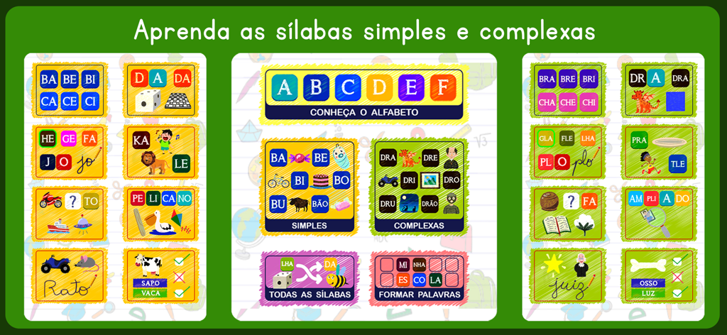 Silabando - Interfaz de la aplicación Silabando que muestra actividades interactivas de aprendizaje de sílabas y palabras en portugués para niños.