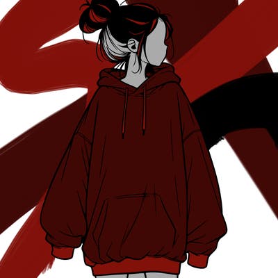 realistic girl with a oversized sweatshirt on and a bun