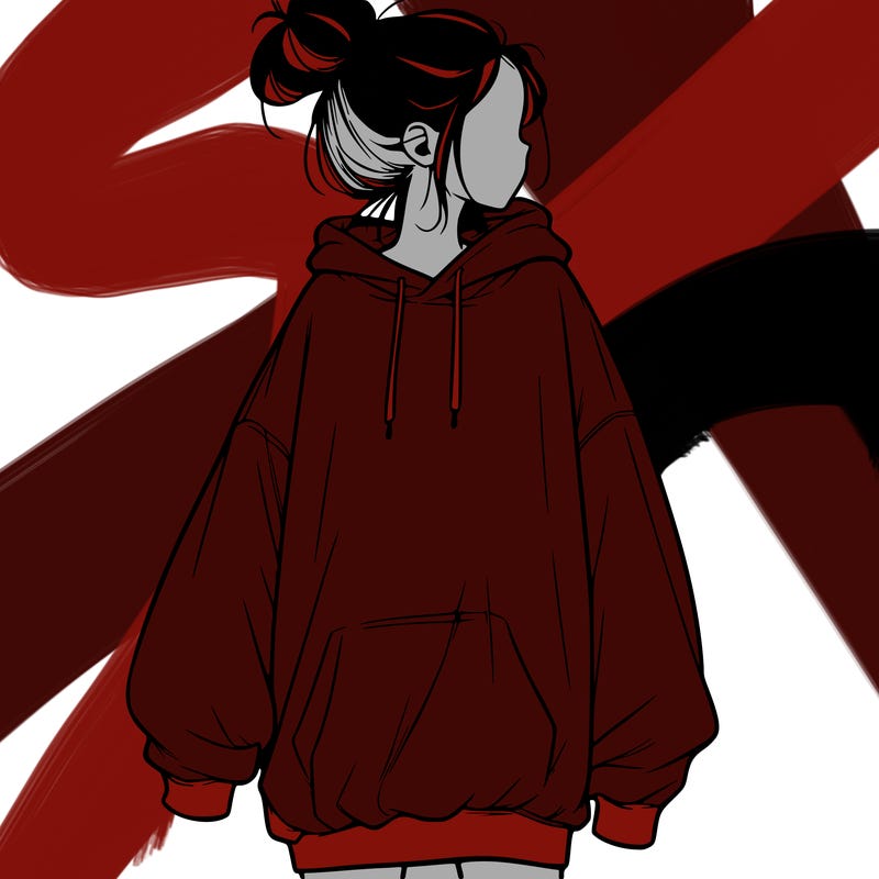 realistic girl with a oversized sweatshirt on and a bun