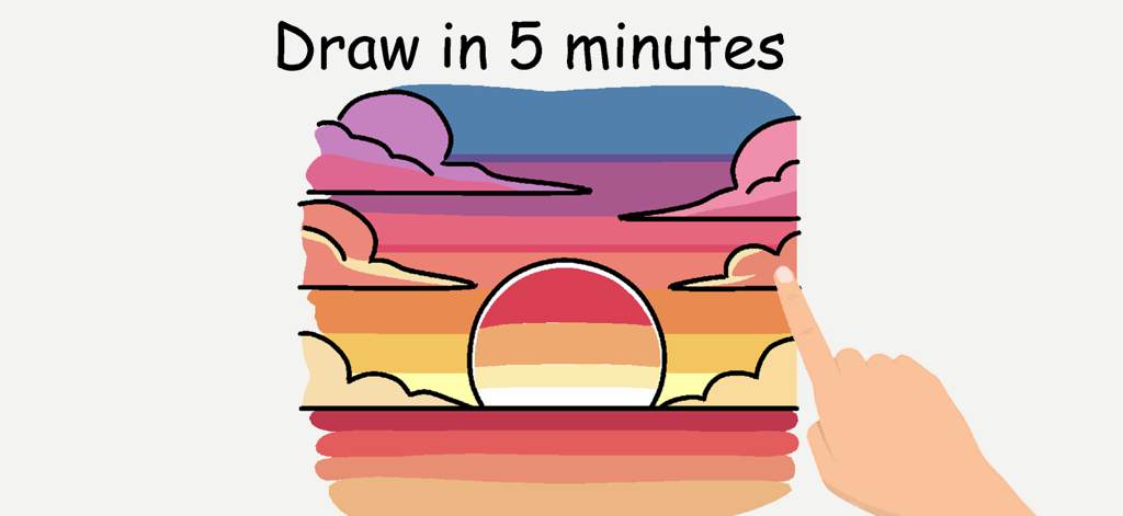 A simple sunset illustration with colorful clouds and the text Draw in 5 minutes