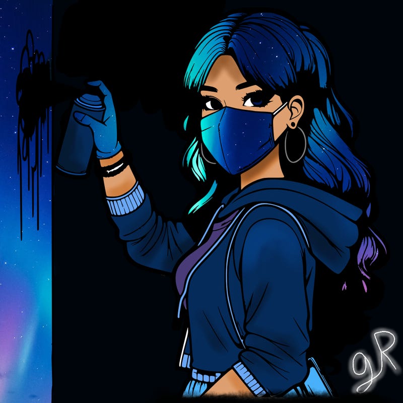 realistic girl with mask spray painting a wall