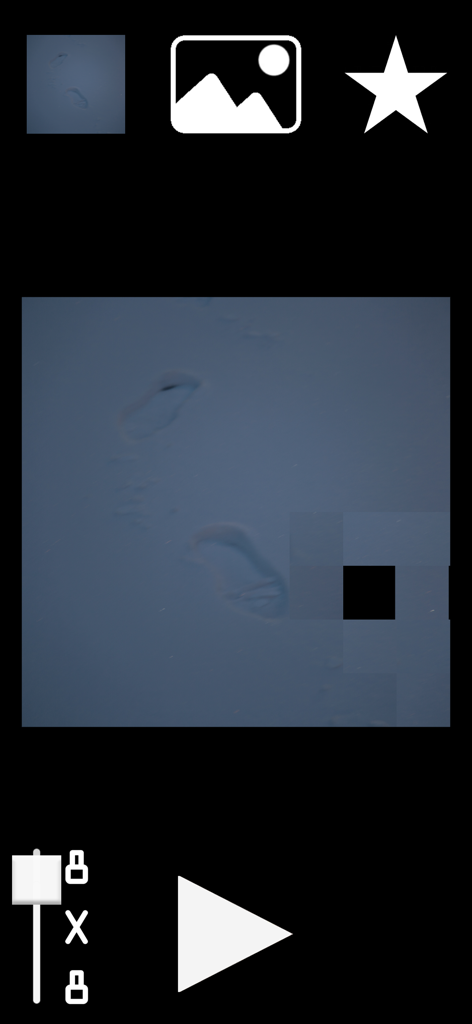 Image Mind Shuffle - A sliding tile puzzle game screen featuring a photo of footprints in the sand