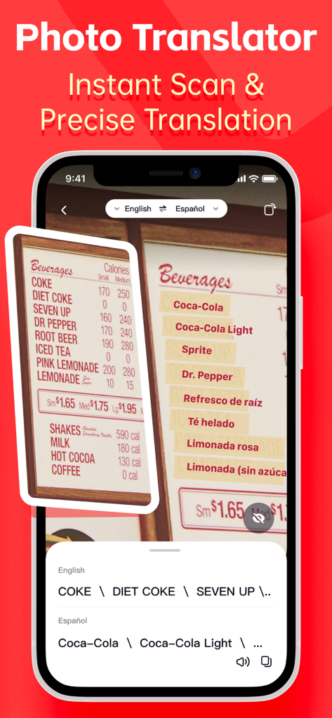 The photo translator feature of the AI Voice Translate app scanning an English menu and providing Spanish translations